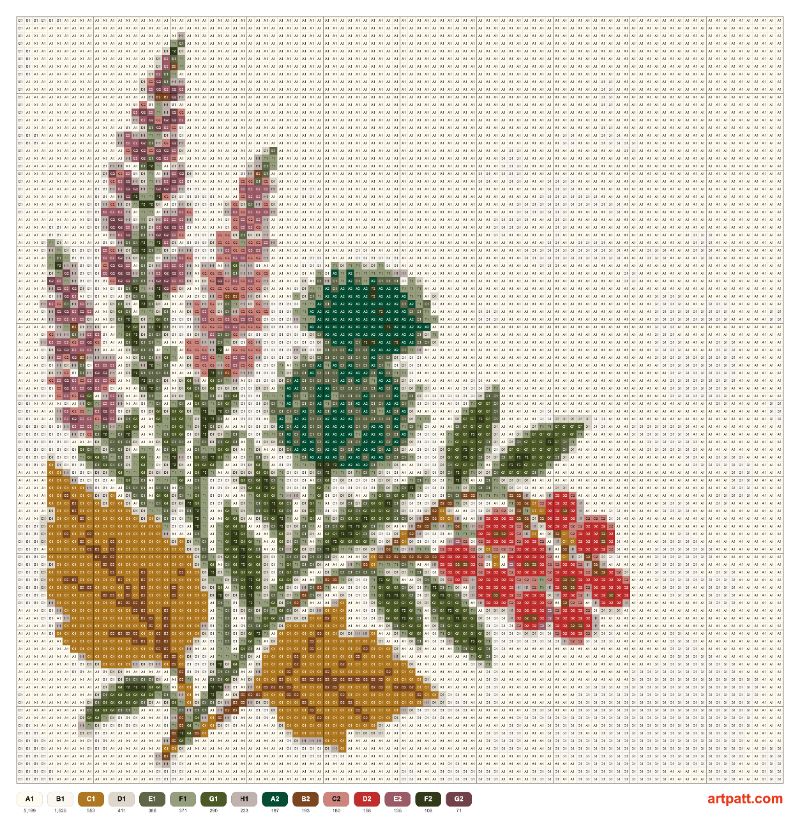 A craft-first cross-stitch chart for an asymmetric early-autumn botanical composition: thistle, heather, rowan berries,