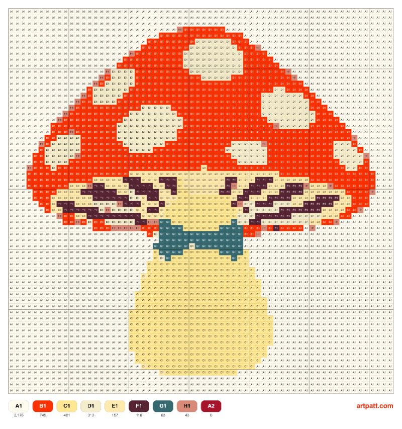 Mushroom Cross-Stitch Pattern — 64×64, 9 Colors