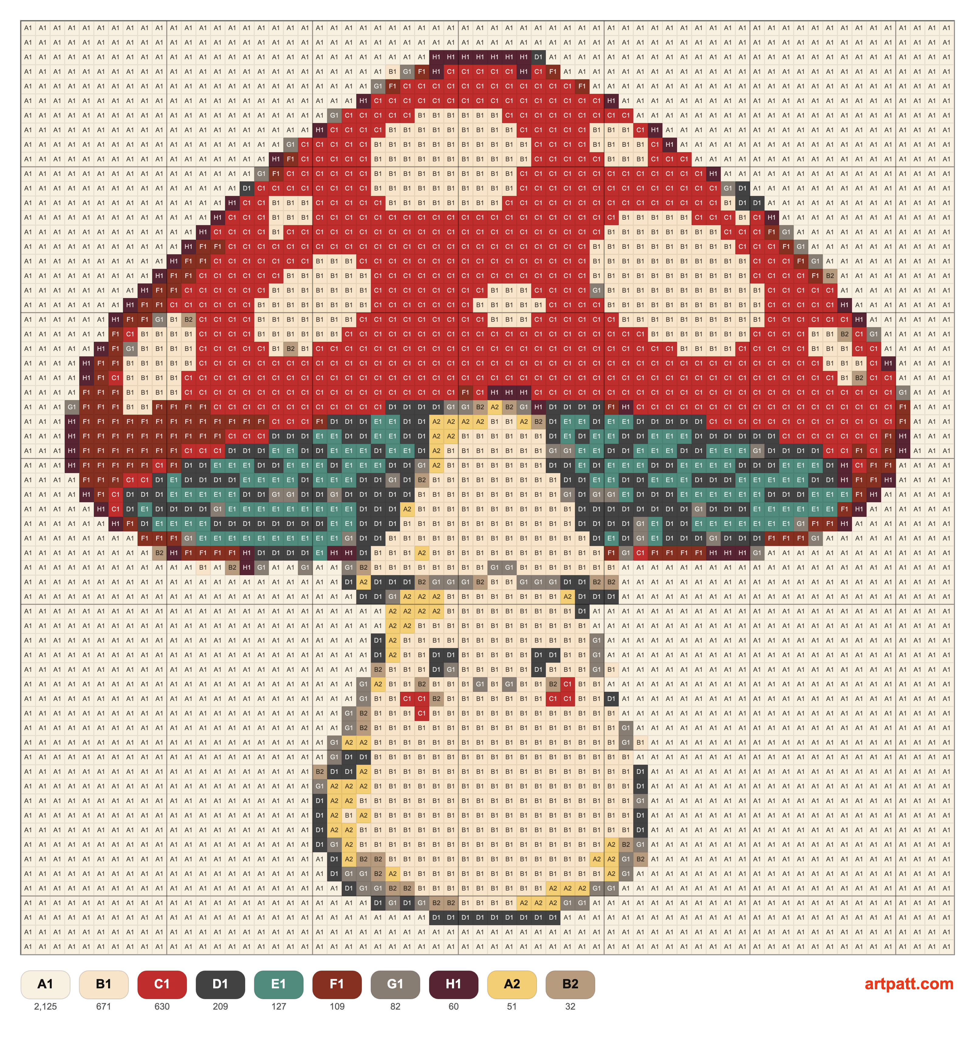 Free Cross-Stitch Pattern: Fly Agaric Mushroom — 64x64 Grid, 10 Colors — Cross Stitch pattern chart
