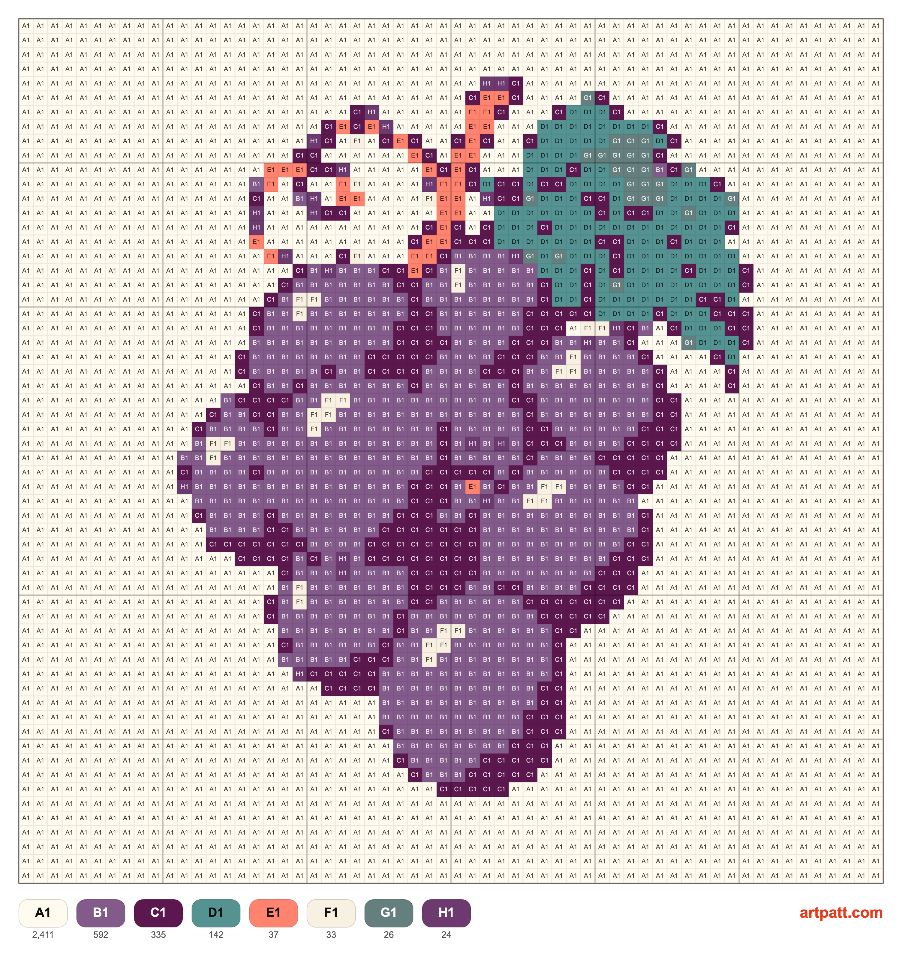 Cheerful Purple Grape Cross-Stitch Pattern — 60x60, 8 Colors — Cross Stitch pattern chart